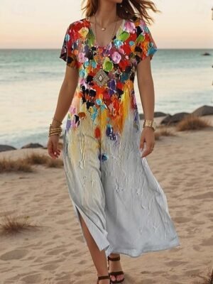 Stylish Regular Fit Floral V Neck Short Sleeve Maxi Dress - Image 2
