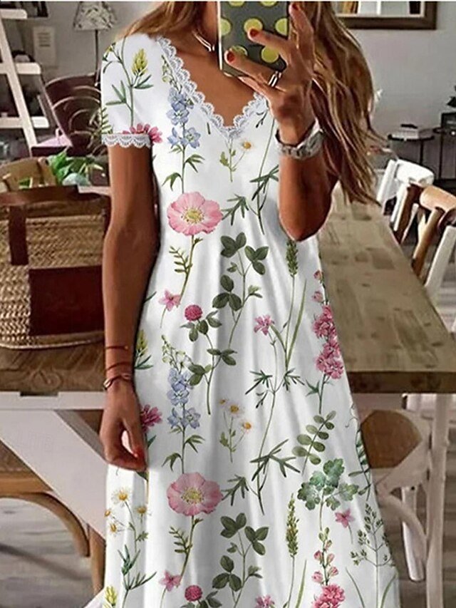 Stylish Regular Fit Floral V Neck Short Sleeve Summer Dress - Image 2