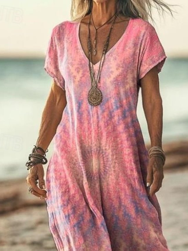 Stylish Regular Fit Floral V Neck Short Sleeve Maxi Dress - Image 2