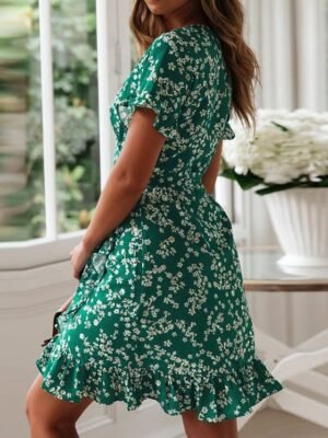 Stylish Regular Fit Floral V Neck Short Sleeve Mini Dress - Image 3