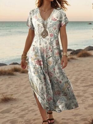 Stylish Regular Fit Floral V Neck Short Sleeve Maxi Dress - Image 4