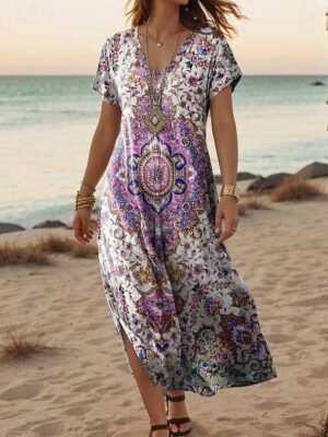 Stylish Regular Fit Floral V Neck Short Sleeve Maxi Dress - Image 5