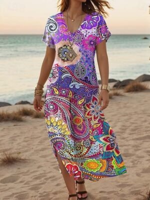 Stylish Regular Fit Floral V Neck Short Sleeve Maxi Dress - Image 6