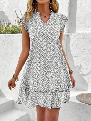 Stylish Regular Fit Geometric Notched Neck Sleeveless Mini Dress - Image 7