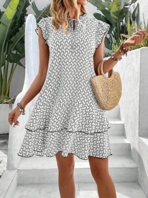 Stylish Regular Fit Geometric Notched Neck Sleeveless Mini Dress - Image 8