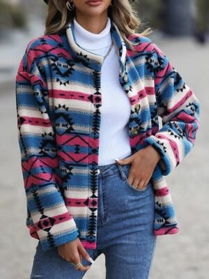 Stylish Regular Fit Geometric Stand Collar Long Sleeve Slim Fit Jacket - Image 1