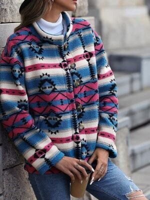 Stylish Regular Fit Geometric Stand Collar Long Sleeve Slim Fit Jacket - Image 3