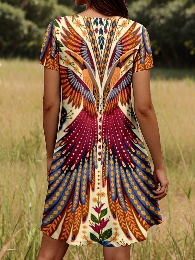 Stylish Regular Fit Graphic Crew Neck Short Sleeve Mini Dress - Image 2