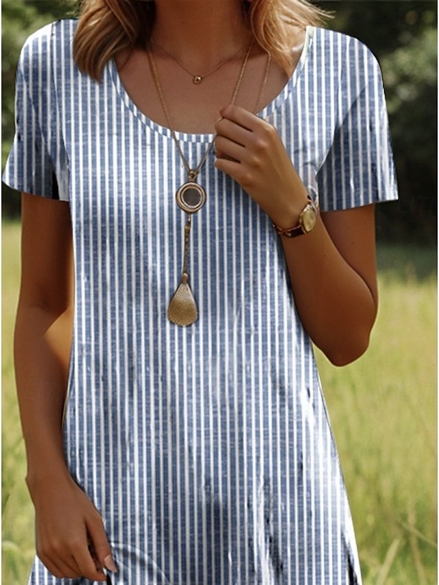 Stylish Regular Fit Graphic Stripe Crew Neck Short Sleeve Mini Dress - Image 2