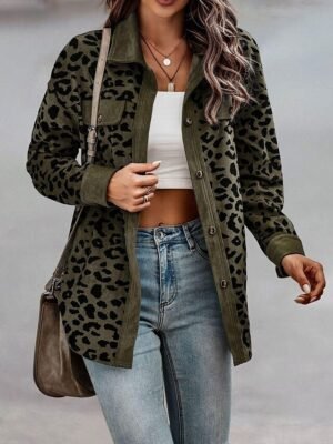 Stylish Regular Fit Leopard Print Long Sleeve Coat - Image 3
