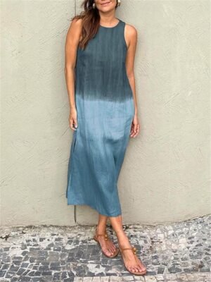 Stylish Regular Fit Ombre Crew Neck Short Sleeve Maxi Dress - Image 1
