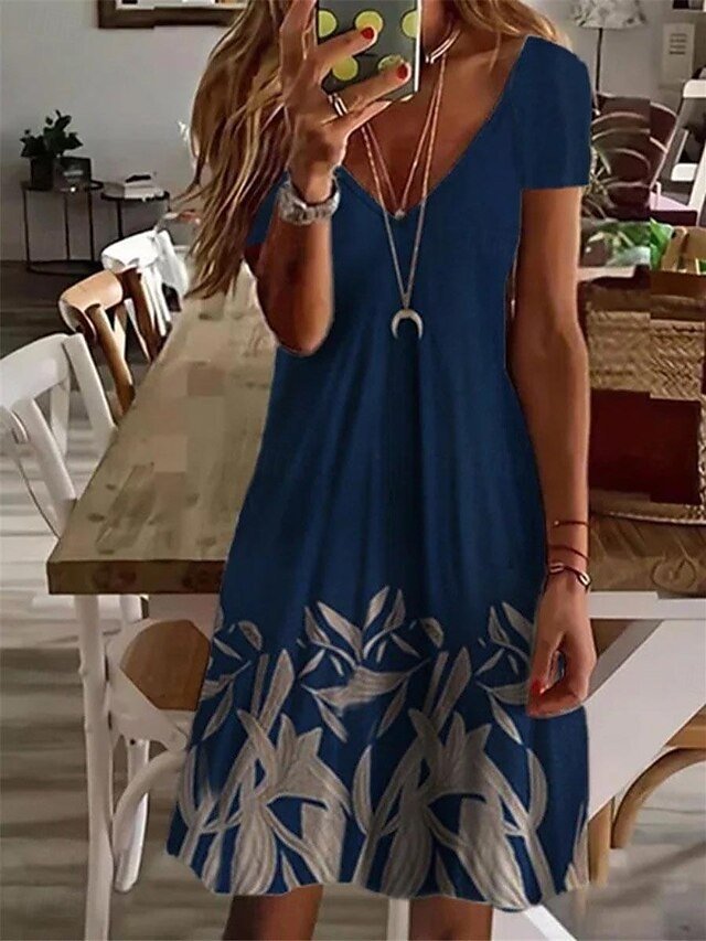 Stylish Regular Fit Ombre Marble V Neck Short Sleeve Summer Dress - Image 2