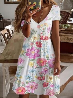 Stylish Regular Fit Ombre Marble V Neck Short Sleeve Summer Dress - Image 5
