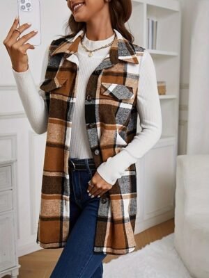 Stylish Regular Fit Plaid Button Long Sleeve Vest - Image 1