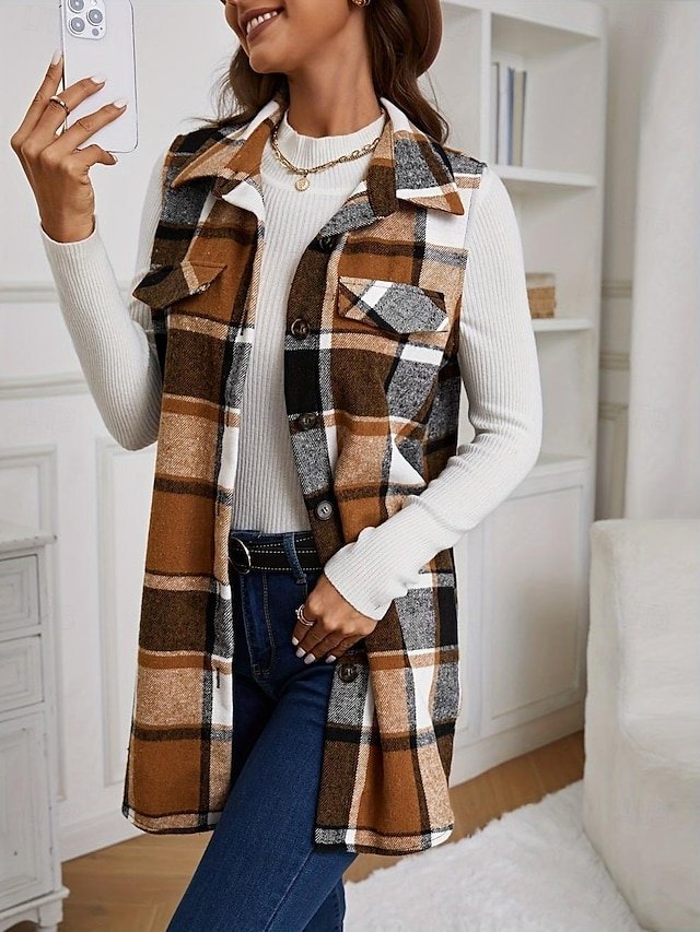 Stylish Regular Fit Plaid Button Long Sleeve Vest - Image 1