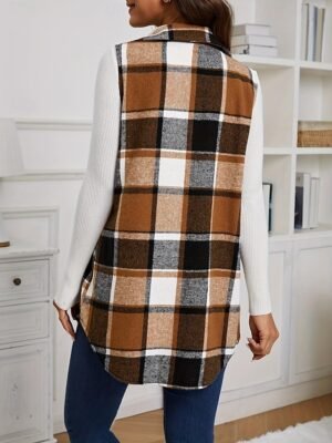 Stylish Regular Fit Plaid Button Long Sleeve Vest - Image 3