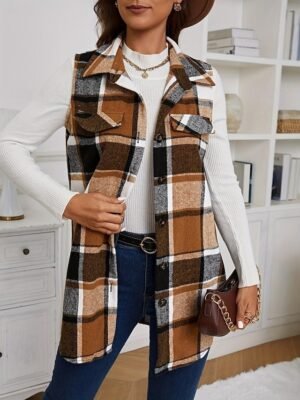 Stylish Regular Fit Plaid Button Long Sleeve Vest - Image 4