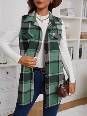 Stylish Regular Fit Plaid Button Long Sleeve Vest - Image 5