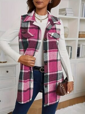 Stylish Regular Fit Plaid Button Long Sleeve Vest - Image 6