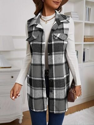 Stylish Regular Fit Plaid Button Long Sleeve Vest - Image 7
