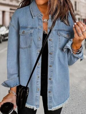 Stylish Regular Fit Plain Collar Long Sleeve Denim Jacket - Image 1