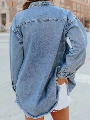 Stylish Regular Fit Plain Collar Long Sleeve Denim Jacket - Image 3