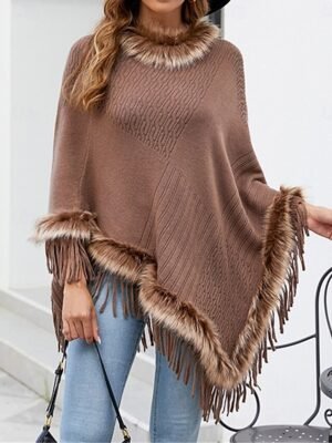 Stylish Regular Fit Plain Faux Fur Trim Long Sleeve Cloak - Image 3