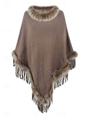 Stylish Regular Fit Plain Faux Fur Trim Long Sleeve Cloak - Image 4
