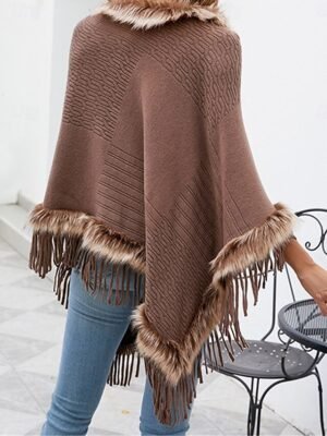 Stylish Regular Fit Plain Faux Fur Trim Long Sleeve Cloak - Image 5