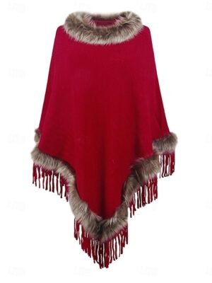 Stylish Regular Fit Plain Faux Fur Trim Long Sleeve Cloak - Image 8