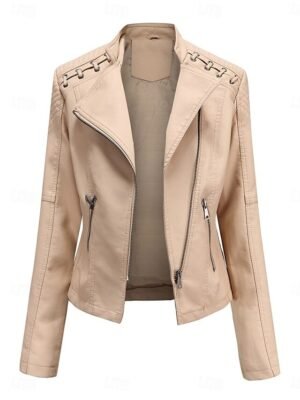 Stylish Regular Fit Plain Full Zip Long Sleeve Short Faux Leather Jacket - Image 10