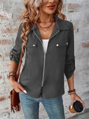 Stylish Regular Fit Plain Full Zip Long Sleeve Short Winter Jacket - Image 14