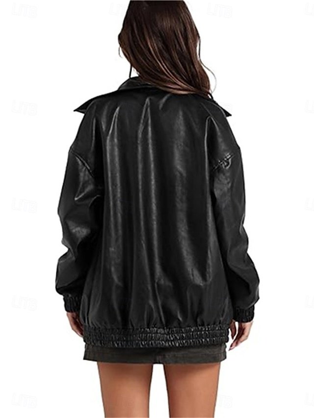 Stylish Regular Fit Plain Full Zip Long Sleeve Faux Leather Jacket - Image 2