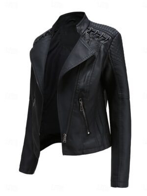 Stylish Regular Fit Plain Full Zip Long Sleeve Short Faux Leather Jacket - Image 3