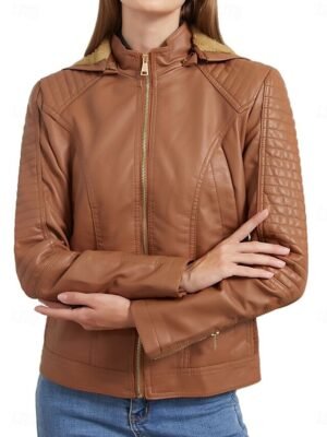 Stylish Regular Fit Plain Full Zip Long Sleeve Short Faux Leather Jacket - Image 3