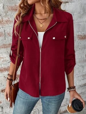 Stylish Regular Fit Plain Full Zip Long Sleeve Short Winter Jacket - Image 3