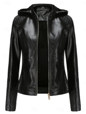 Stylish Regular Fit Plain Full Zip Long Sleeve Short Faux Leather Jacket - Image 4