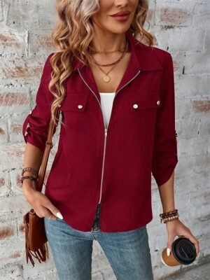 Stylish Regular Fit Plain Full Zip Long Sleeve Short Winter Jacket - Image 5