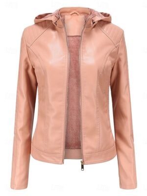 Stylish Regular Fit Plain Full Zip Long Sleeve Short Faux Leather Jacket - Image 5