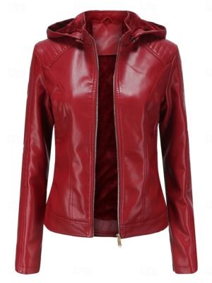 Stylish Regular Fit Plain Full Zip Long Sleeve Short Faux Leather Jacket - Image 6