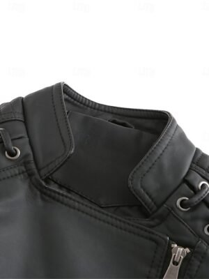 Stylish Regular Fit Plain Full Zip Long Sleeve Short Faux Leather Jacket - Image 7