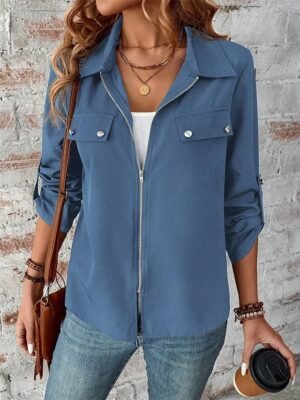 Stylish Regular Fit Plain Full Zip Long Sleeve Short Winter Jacket - Image 7