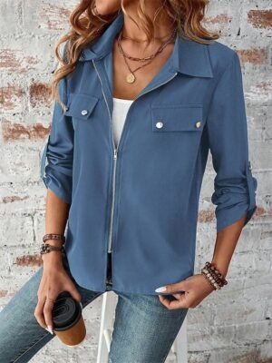 Stylish Regular Fit Plain Full Zip Long Sleeve Short Winter Jacket - Image 8