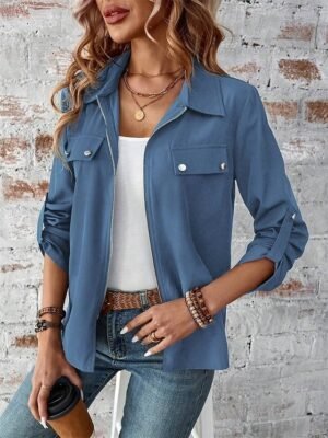 Stylish Regular Fit Plain Full Zip Long Sleeve Short Winter Jacket - Image 9