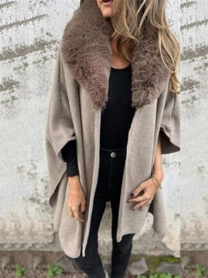 Stylish Regular Fit Plain Fur Collar 3/4 Sleeve Coat - Image 1