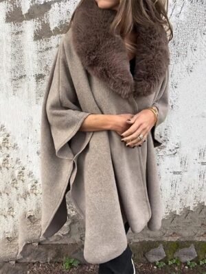 Stylish Regular Fit Plain Fur Collar 3/4 Sleeve Coat - Image 2