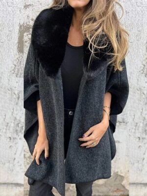 Stylish Regular Fit Plain Fur Collar 3/4 Sleeve Coat - Image 4