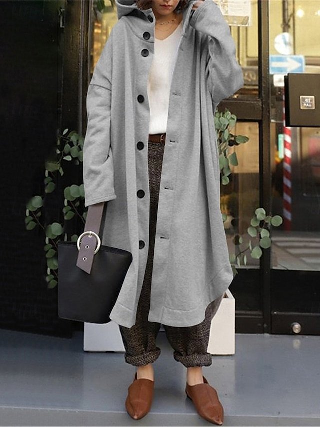Stylish Regular Fit Plain Hooded Long Sleeve Maxi Coat - Image 1