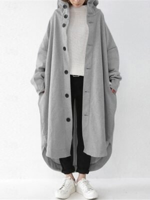 Stylish Regular Fit Plain Hooded Long Sleeve Maxi Coat - Image 2