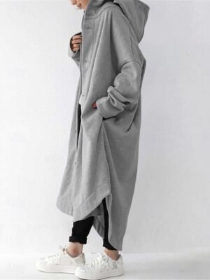 Stylish Regular Fit Plain Hooded Long Sleeve Maxi Coat - Image 3